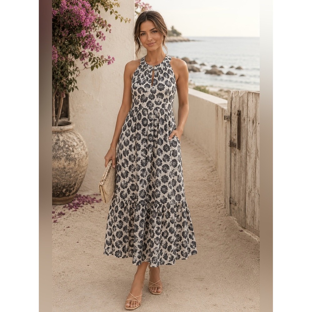 AMOUR VERT Tiered Midi Dress XS Floral Sleeveless Halter‎ Pockets Preppy Wedding